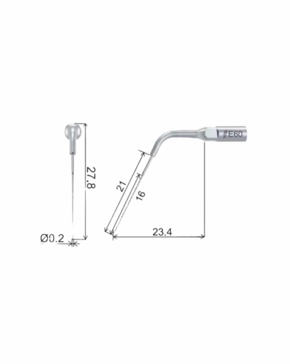 Strumento dentale con punta angolata, etichettato F60 e annotato con le misure di lunghezza.