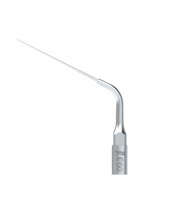 Primo piano di una punta metallica di un ablatore dentale etichettata E60 su uno sfondo bianco.