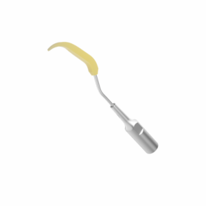P94-INSERTO ABLATORE Ablatore dentale con manico curvo giallo su sfondo bianco.