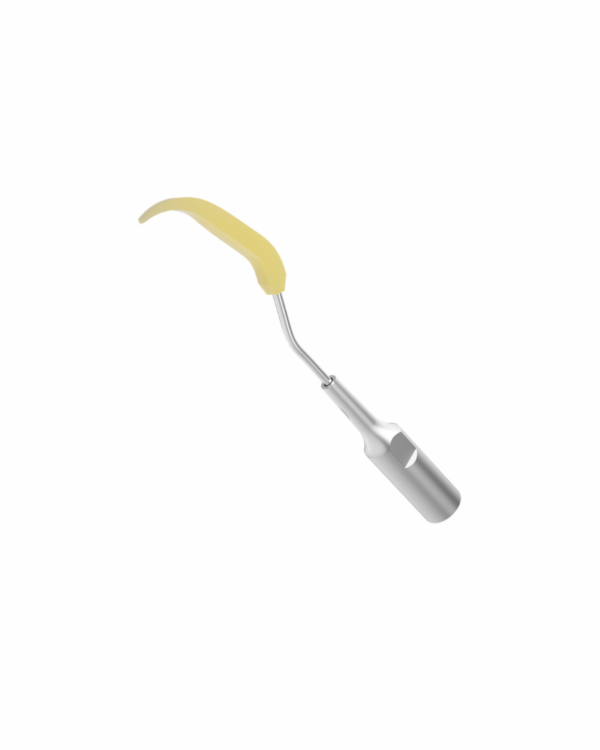 P94-INSERTO ABLATORE Ablatore dentale con manico curvo giallo su sfondo bianco.