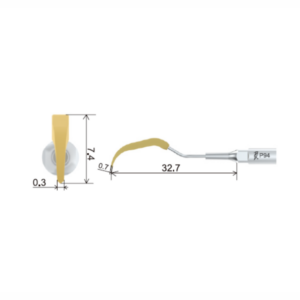 P94-INSERTO ABLATORE strumento dentale con punta gialla; dimensioni chiaramente indicate.