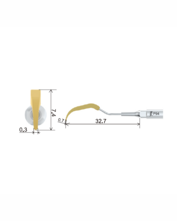 P94-INSERTO ABLATORE strumento dentale con punta gialla; dimensioni chiaramente indicate.