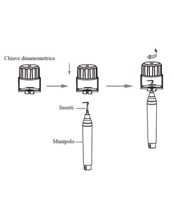 Fissare la testina TW-5L al manipolo e inserire l'utensile come illustrato nello schema.