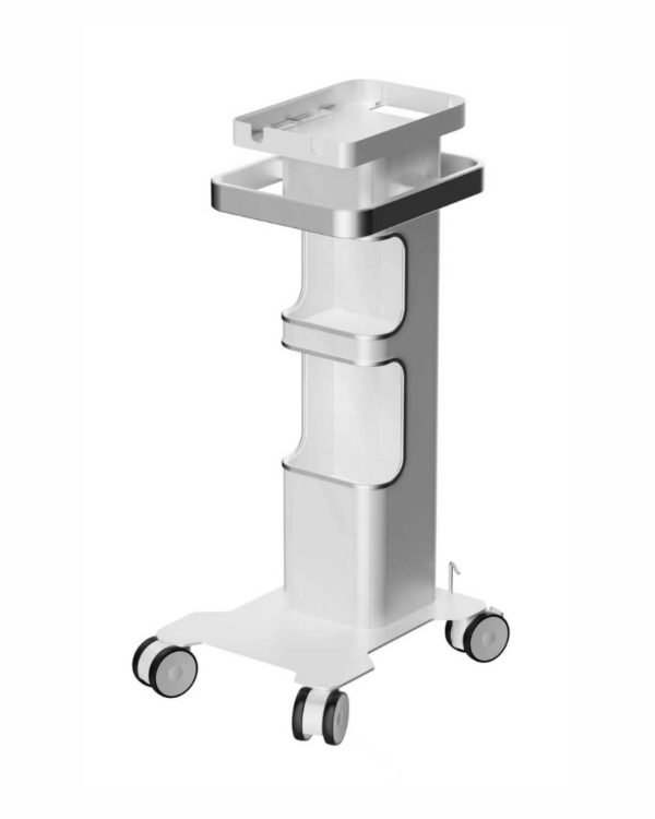 CARRELLO PER SISTEMA PROFILASSI PT-E bianco, dotato di ruote e ripiani per un facile utilizzo.