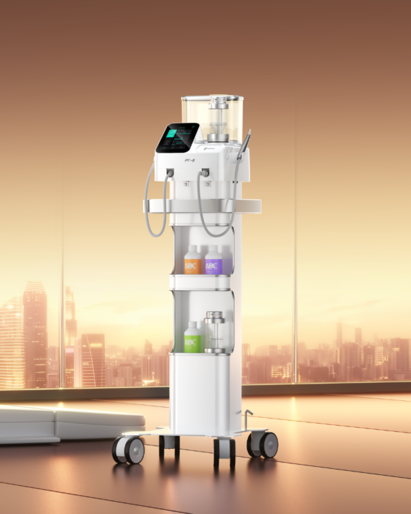 CARRELLO PER SISTEMA PROFILASSI PT-E: Carrello medico con monitor e contenitori per fluidi.