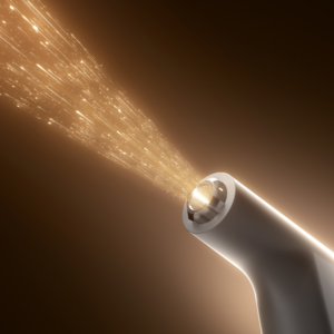 Un ugello sopragengivale Manipolo AP-3L spruzza particelle dorate e scintillanti.